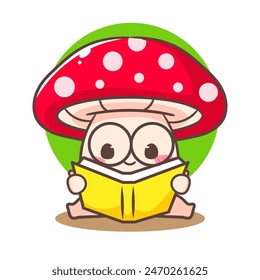 Adorable cartoon character cute mushroom reading a book. kawaii and Cheerful Mascot Logo Concept Isolated white background. Hand drawn style vector illustration.	