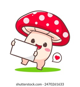 Adorable cartoon character cute mushroom holding empty board. kawaii and Cheerful Mascot Logo Concept Isolated white background. Hand drawn style vector illustration.	