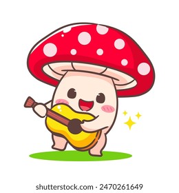 Adorable cartoon character cute mushroom playing a guitar. kawaii and Cheerful Mascot Logo Concept Isolated white background. Hand drawn style vector illustration.	