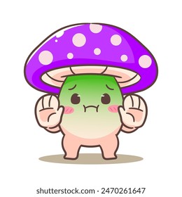 Adorable cartoon character cute poison mushroom stop hand sign. kawaii and Cheerful Mascot Logo Concept Isolated white background. Hand drawn style vector illustration.	