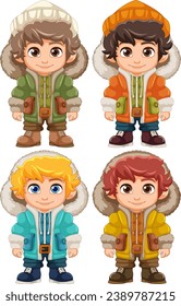 Adorable cartoon character dressed for winter in puffer jacket, beanie hat, and boots