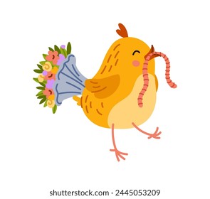 Adorable cartoon chick character joyfully carries a plump worm and flower bouquet, fluttering with excitement. Isolated vector charming little rooster bird prepare holiday gift in a gesture of love