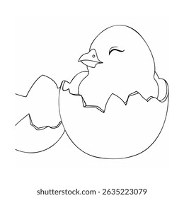 Adorable cartoon chick hatching from egg outline for springtime and easter holiday designs