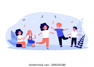 Adorable cartoon children dancing. Girl playing maracas, boy singing, kid clapping flat vector illustration. Entertainment, performance, music concept for banner, website design or landing web page