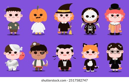 Adorable cartoon children dressed in various Halloween costumes, including pumpkin, witch, skeleton, and more, set against a purple background.