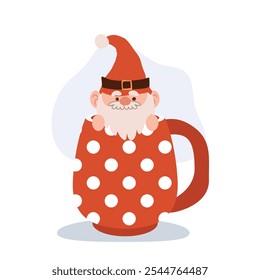 Adorable cartoon Christmas gnome inside a festive mug, perfect for holiday season decor and Christmas artwork