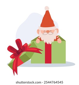 Adorable cartoon of a Christmas gnome popping out of a gift box, perfect for holiday decor, greeting cards, and festive projects