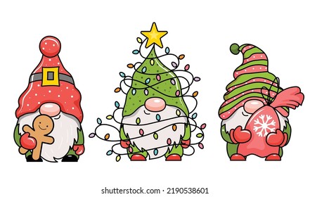 Adorables dibujos animados gnomos de Navidad con regalos. Ilustración vectorial. Aislado sobre fondo blanco