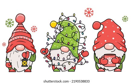 Adorables dibujos animados gnomos de Navidad con regalos. Ilustración vectorial. Aislado sobre fondo blanco