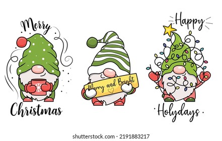 Adorable cartoon Christmas gnomes with Christmas lights. Vector illustration. Isolated on white background