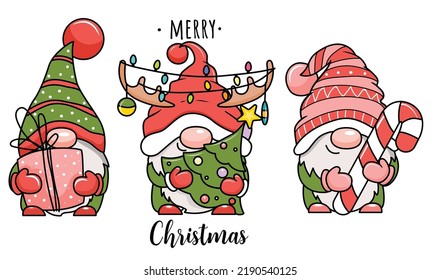 Adorable cartoon Christmas gnomes with Christmas tree. Vector illustration. Isolated on white background