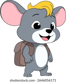 Adorable cartoon civet character with gray fur, yellow hair tuft, and a brown backpack.