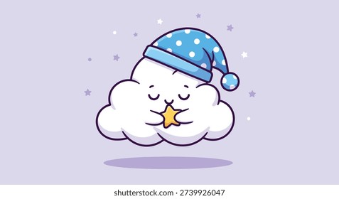 Adorable cartoon cloud character in a blue polka dot sleep cap, peacefully sleeping and clutching a small golden star.