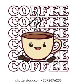 adorable cartoon coffee cup illustration. perfect for cafes, menus, websites, or any coffee-related project. cheerful design with a happy face and coffee beans.  high-resolution image, easy to use.