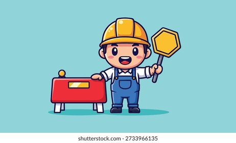 Um adorável trabalhador da construção de desenhos animados em um chapéu duro e macacões, segurando um sinal de parada e de pé ao lado de uma barreira vermelha.