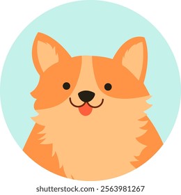 Adorable cartoon corgi dog sticking out its tongue, placed inside a light blue circle on a white background, perfect for pet lovers and animal themes