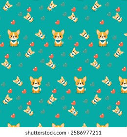 Adorable Cartoon Corgi Dogs Pattern with Hearts on Teal Background