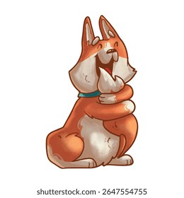 Adorável corgi cartoon alegremente abraçando seu rabo fofo. Cão bonito com colarinho e pingente, expressão alegre. Perfeito para desenhos com tema de animais de estimação, decoração infantil, adesivos e ilustrações divertidas.