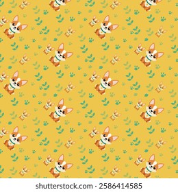 Adorable Cartoon Corgis and Plants on Mustard Yellow Background