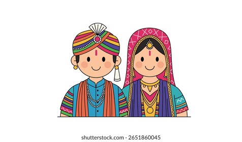 Casal de desenhos animados adorável em traje de casamento tradicional indiano comemorando sua união
