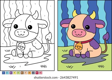 Adorable cartoon cow character sitting with a bell on its collar, presented as both a color-by-number educational activity and the finished colored illustration. Perfect for kids, learning, and fun.