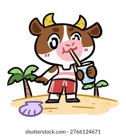 adorable cartoon cow drinking cold water on the beach illustration for children book
