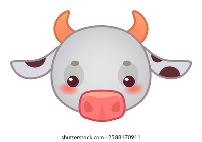 Adorable cartoon cow face featuring big, innocent eyes, a pink nose, and rosy cheeks, creating a sweet and charming character perfect for children s books, posters, and nursery decor