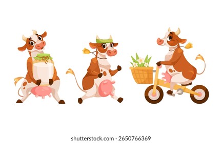 Adorable Cartoon Cows Happily Riding Bicycles and Joyfully Dancing Together, Enjoying Life