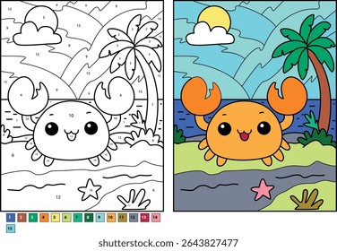 Adorable cartoon crab on a sunny beach scene as a color by number worksheet alongside the completed, colorful illustration, perfect for children's learning and fun activities and printables.