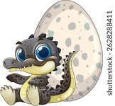Adorable cartoon crocodile sitting beside a large egg