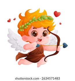 Ilustração adorável do cupido do desenho animado. Ele mirando sua flecha de coração, trazendo amor e alegria para o Dia dos Namorados, com uma coroa de folhas em sua cabeça.