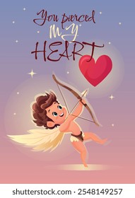 Adorable cartoon Cupid with wings aiming a heart-shaped arrow, surrounded by stars and text, perfect for a Valentine’s Day card.
