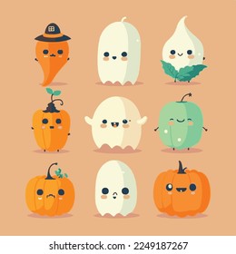 Caricatura adorable lindo calabaza bruja cráneo esqueleto fantasma cuerno de halloween mosca mágica, bozal con caras y ojos guiñadores, colores brillantes pastel, colección set, ilustración infantil, papel pintado