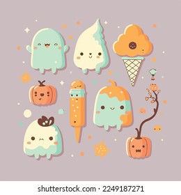 Caricatura adorable lindo calabaza bruja cráneo esqueleto fantasma cuerno de halloween mosca mágica, bozal con caras y ojos guiñadores, colores brillantes pastel, colección set, ilustración infantil, papel pintado