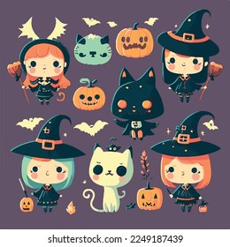 Caricatura adorable lindo calabaza bruja cráneo esqueleto fantasma cuerno de halloween mosca mágica, bozal con caras y ojos guiñadores, colores brillantes pastel, colección set, ilustración infantil, papel pintado