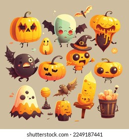 Adorable cartoon cute pumpkin skull witch skeleton ghost ghoul halloween horn magical fly, muzzle with faces and winking eyes, pastel bright colors, collection set, children illustration, wallpaper