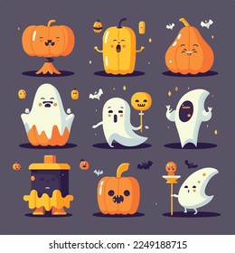 Caricatura adorable lindo calabaza bruja cráneo esqueleto fantasma cuerno de halloween mosca mágica, bozal con caras y ojos guiñadores, colores brillantes pastel, colección set, ilustración infantil, papel pintado