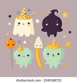 Caricatura adorable lindo calabaza bruja cráneo esqueleto fantasma cuerno de halloween mosca mágica, bozal con caras y ojos guiñadores, colores brillantes pastel, colección set, ilustración infantil, papel pintado