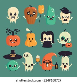 Caricatura adorable lindo calabaza bruja cráneo esqueleto fantasma cuerno de halloween mosca mágica, bozal con caras y ojos guiñadores, colores brillantes pastel, colección set, ilustración infantil, papel pintado