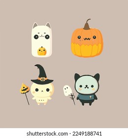 Caricatura adorable lindo calabaza bruja cráneo esqueleto fantasma cuerno de halloween mosca mágica, bozal con caras y ojos guiñadores, colores brillantes pastel, colección set, ilustración infantil, papel pintado