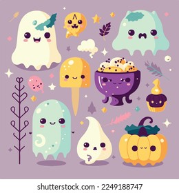 Caricatura adorable lindo calabaza bruja cráneo esqueleto fantasma cuerno de halloween mosca mágica, bozal con caras y ojos guiñadores, colores brillantes pastel, colección set, ilustración infantil, papel pintado