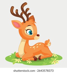 Adorable cartoon deer with antlers lying on green grass surrounded by flowers Perfect for kids prints greeting cards nursery wall art educational materials stickers and woodland themed designs