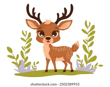 Adorable cartoon deer with antlers standing on grass, surrounded by plants, perfect for childrens designs or nature themes.