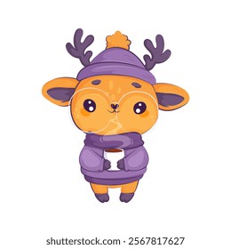 Adorable cartoon deer wearing a purple winter hat and sweater, holding a cup of hot beverage, perfect for cozy designs. Cute Cartoon Deer Holding a Hot Drink