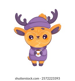 Adorable cartoon deer wearing a purple winter hat and sweater, holding a cup of hot beverage, perfect for cozy designs. Cute Cartoon Deer Holding a Hot Drink