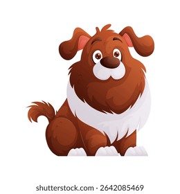 Adorable cartoon depiction of a brown dog with a white chest and paws, sitting calmly. Its expressive eyes and fluffy fur give it a friendly appearance, perfect for childrens content.