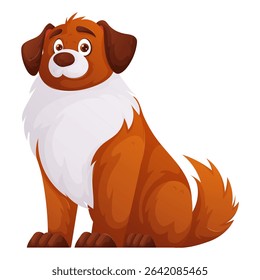 Adorable cartoon depiction of a brown and white dog sitting. Its big eyes and fluffy fur gives it a very endearing and friendly appearance. The dog is isolated on a white background.