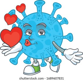 An adorable cartoon design of coronavirus backteria holding heart