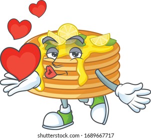 An adorable cartoon design of lemon cream pancake holding heart