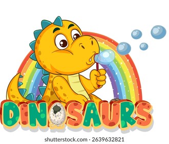 Adorable cartoon dinosaur blowing bubbles, vibrant rainbow background, playful and colorful illustration, perfect for children's content